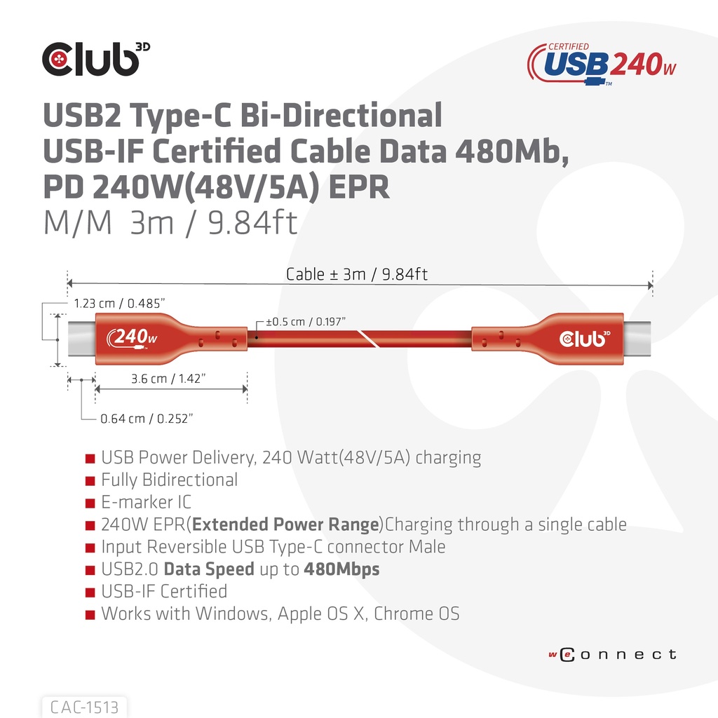 USB-C®  USB-IF Certified Cable, Data 480Mb, PD 240W(48V/5A) EPR M/M 3m/9.84ft