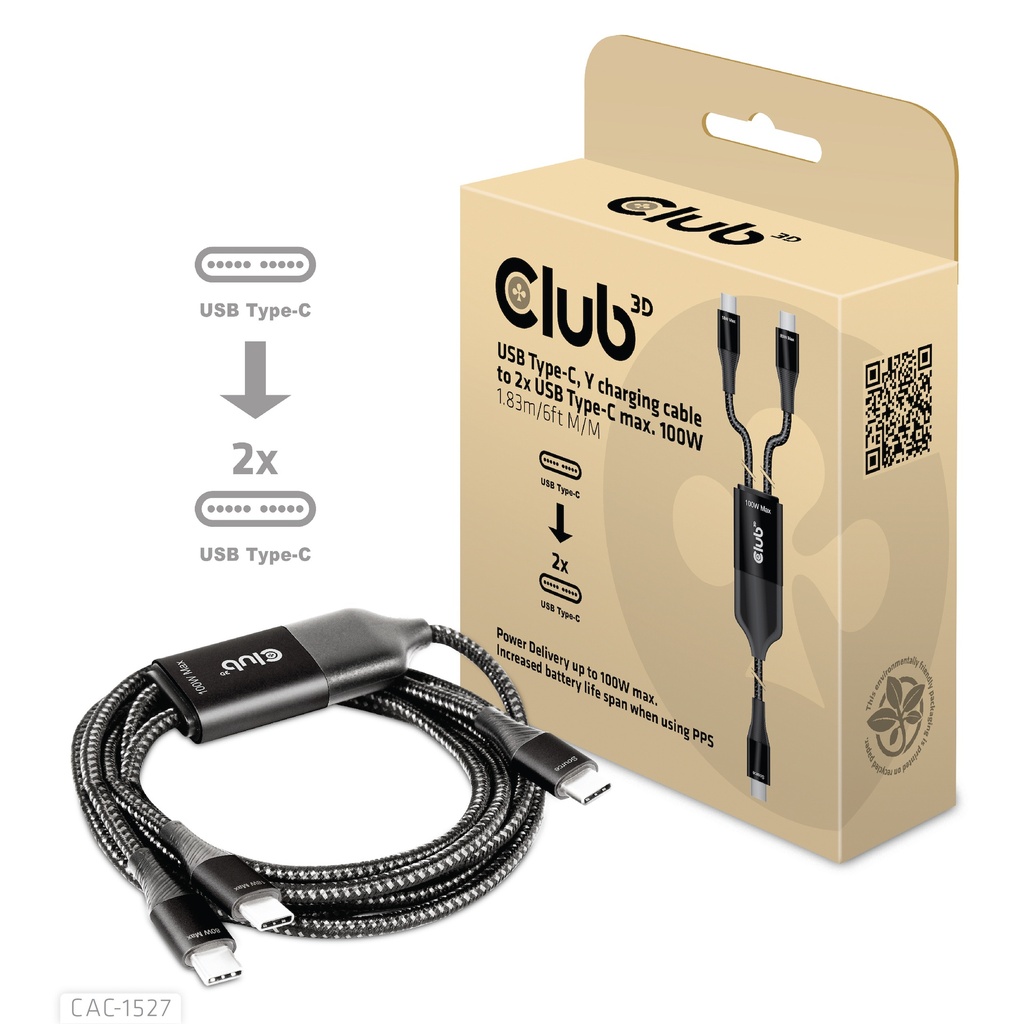 CAC-1527 USB‑C® Y‑Charging Cable to Dual USB‑C PD100W 1.83m/6.00ft