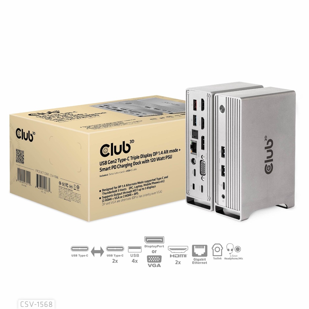 CSV-1568 USB‑C® 10Gbps Triple Display DP 1.4 Smart PD Dock with 120W PSU