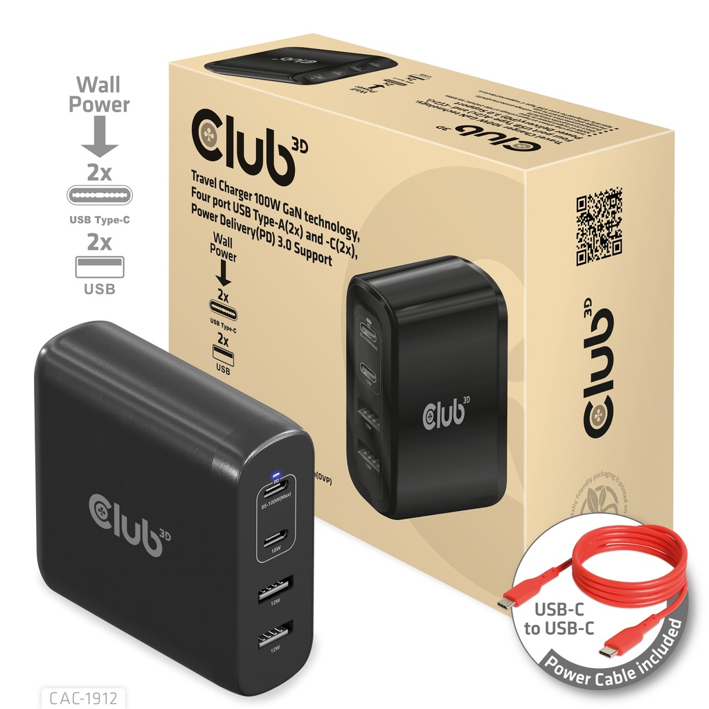 CAC-1912EU Travel Charger 100W GaN 4‑Port USB‑A/USB‑C PD 3.0