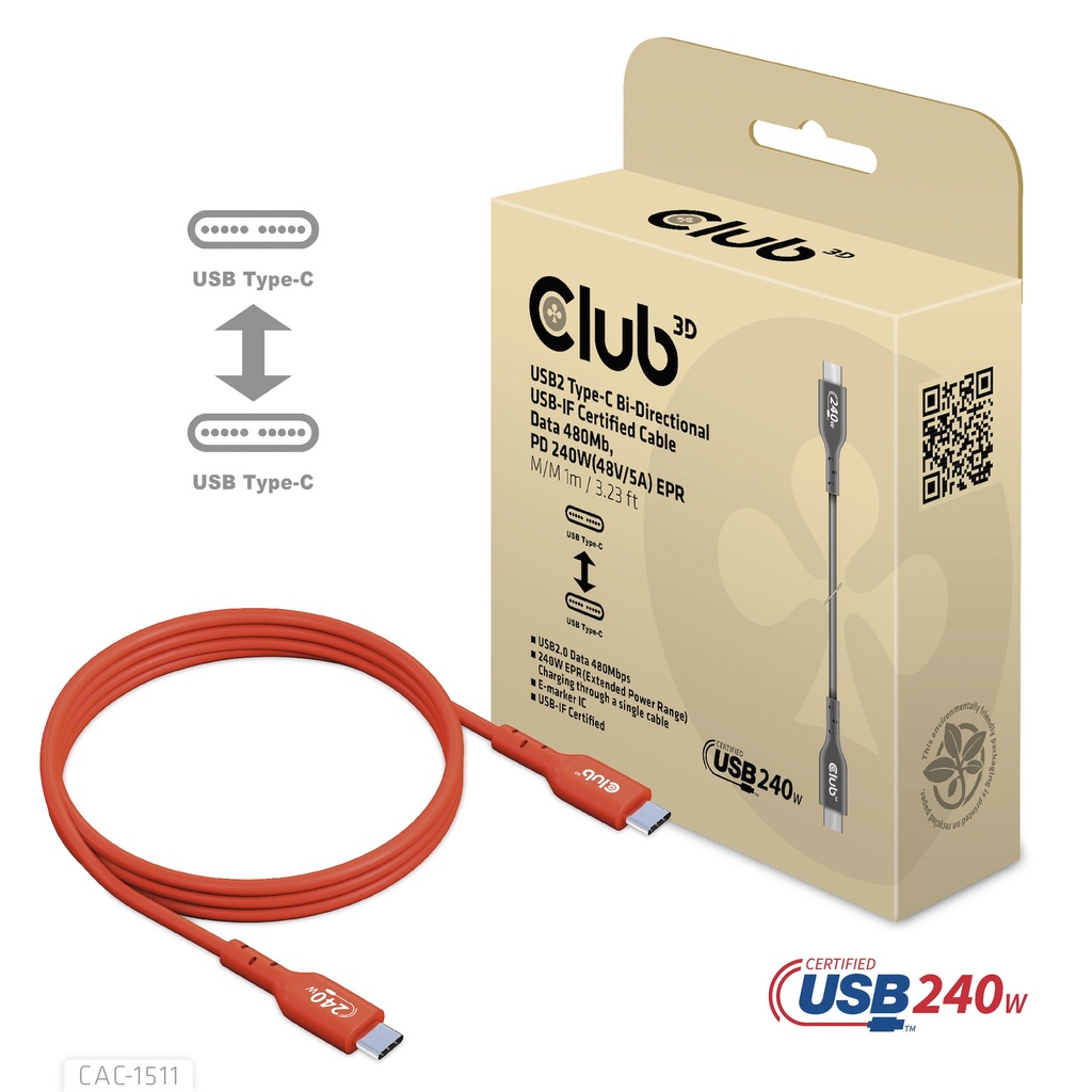 CAC-1511 USB‑C® USB‑IF Certified Cable 480Mb PD 240W EPR 1m/3.28ft