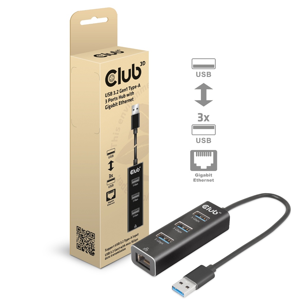 CSV-1430A USB‑A 5Gbps 3‑Port Hub with Gigabit Ethernet