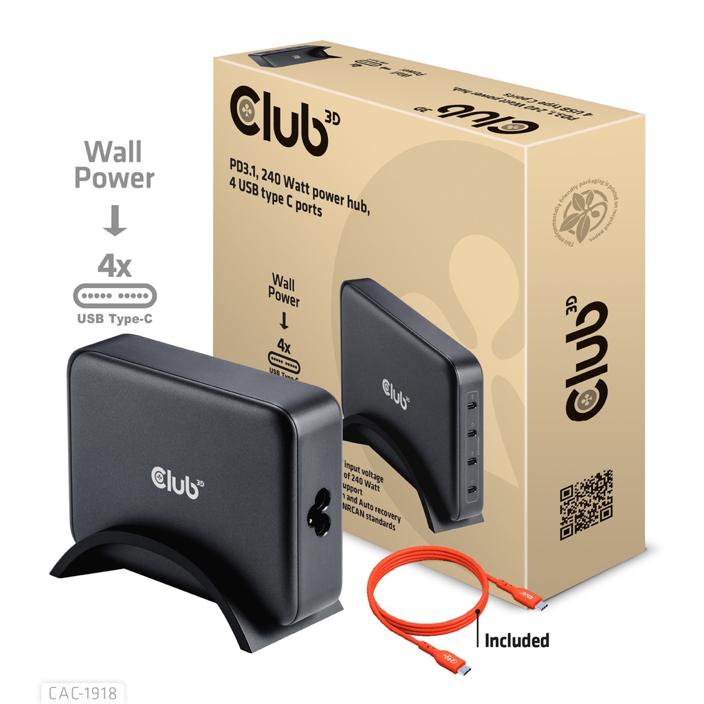 CAC-1918 Travel Charger 240W GaN 4‑Port USB‑C PD 3.1 + PPS