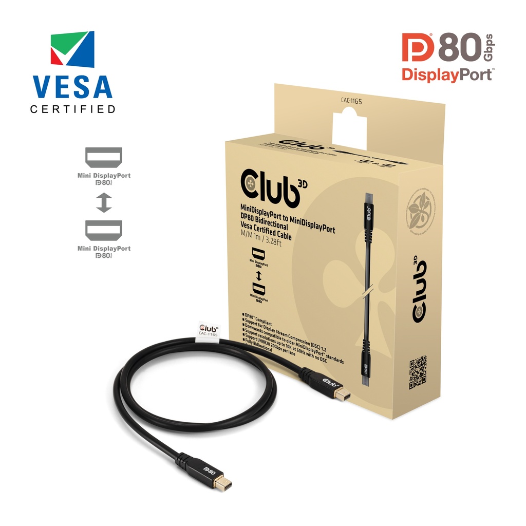 CAC-1165 Mini DisplayPort™ to Mini DisplayPort™ DP80 Bidirectional VESA Certified Cable 1m/3.28ft