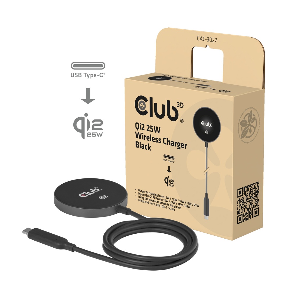 CAC-3027 Qi2 25W Wireless Charger Black Qi Certified MagSafe Compatible Magnetic Pad
